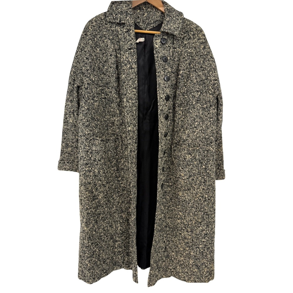 Vintage 80s Salt and Pepper Wool Tweed Longline Coat Gray Black Button Front XL